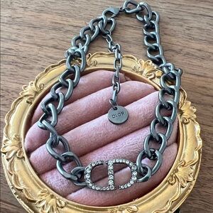 Dior dark grey Metallic Chain Necklace choker shorter  Crystal rhinestone logo